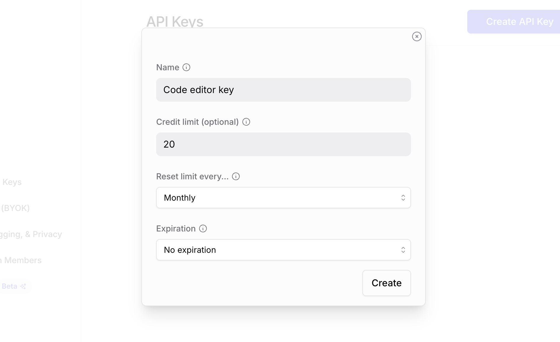 API キー設定内容の例