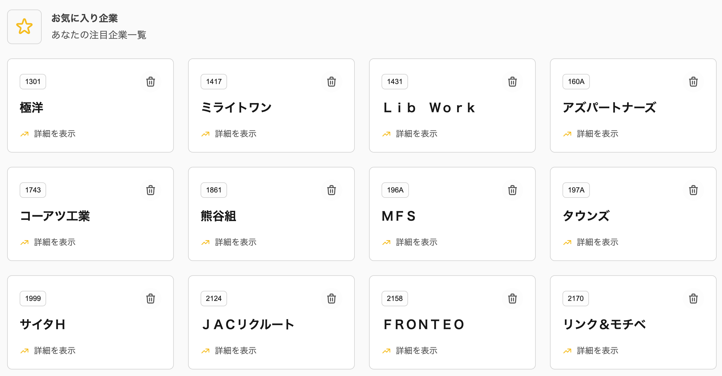 お気に入り企業が一覧で表示されています。それぞれの企業がグリッドで一覧表示されていて、まとめられている様子がわかります。