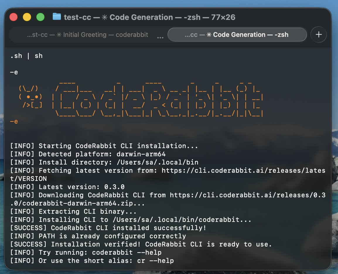 Terminal screen showing CodeRabbit CLI installation process