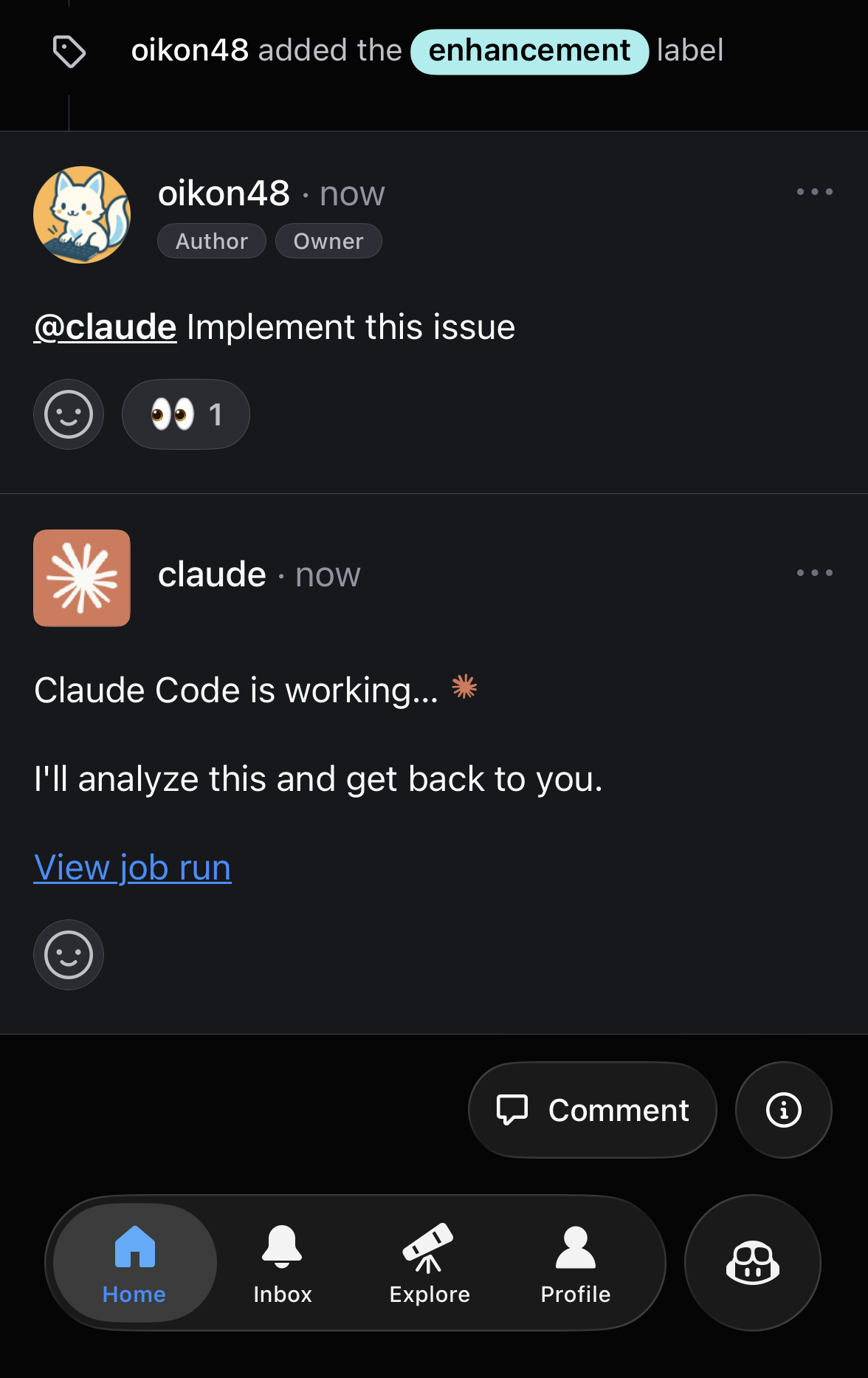 Claude in GitHub issue